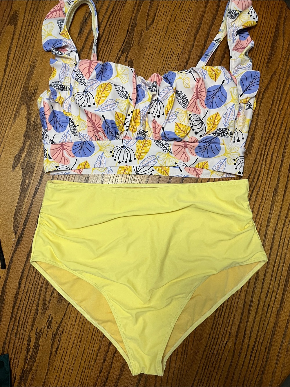 Leaf Print Ruffled Bikini Top with Yellow High-Waist Bottoms